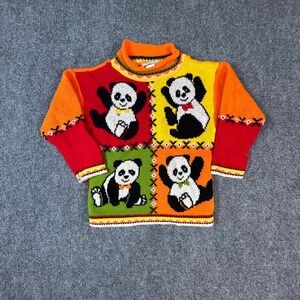 Vintage Basic Editions Panda Bear Knit Sweater Colorblock Kids Size 4/5 USA Made